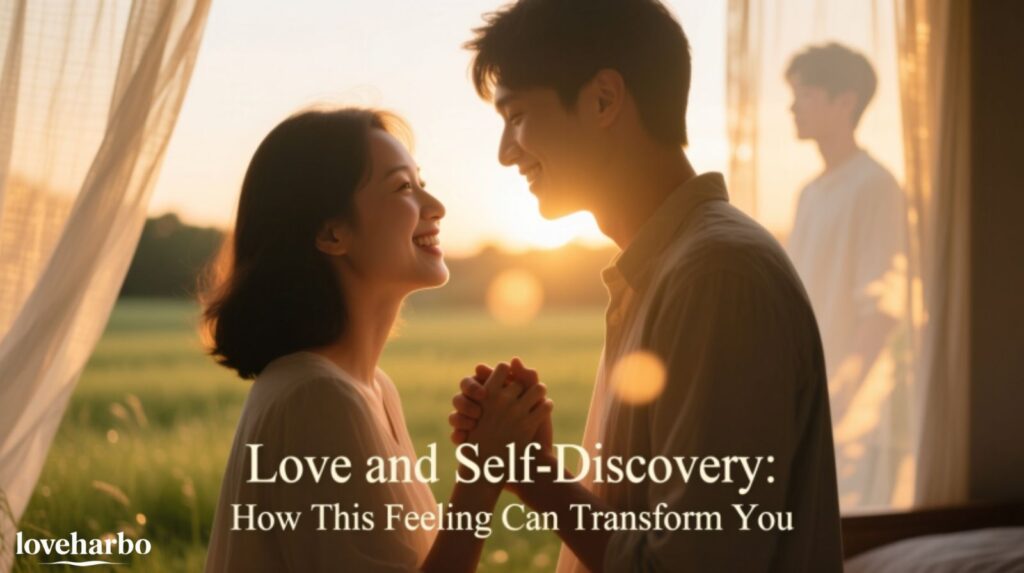 Love and Self-Discovery How This Feeling Can Transform You Soft-focus image of a person smiling while holding their partner’s hand, surrounded by warm light, symbolizing self-discovery through lov