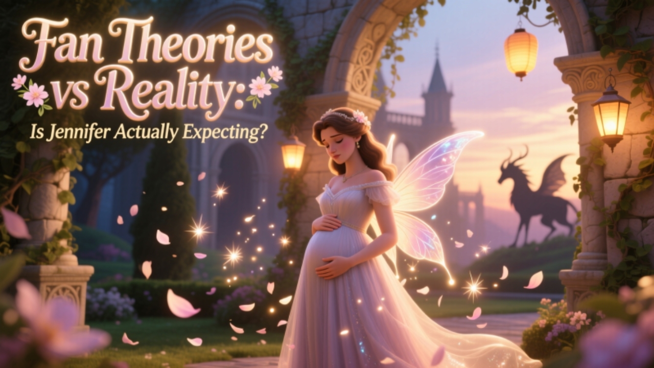 Fan Theories vs Reality Is Jennifer Actually Expecting Prompt Fairy-Tale Fusion pastel dreamy scene, cinematic royal lighting, magical petals + fairy glow, ultra HD, heading text clearly visible i